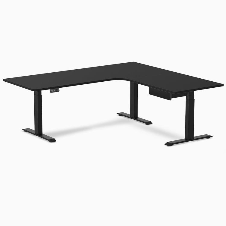 Desky L-Shape Melamine Standing Desk With Drawer, Black desktop, Matte Black frame