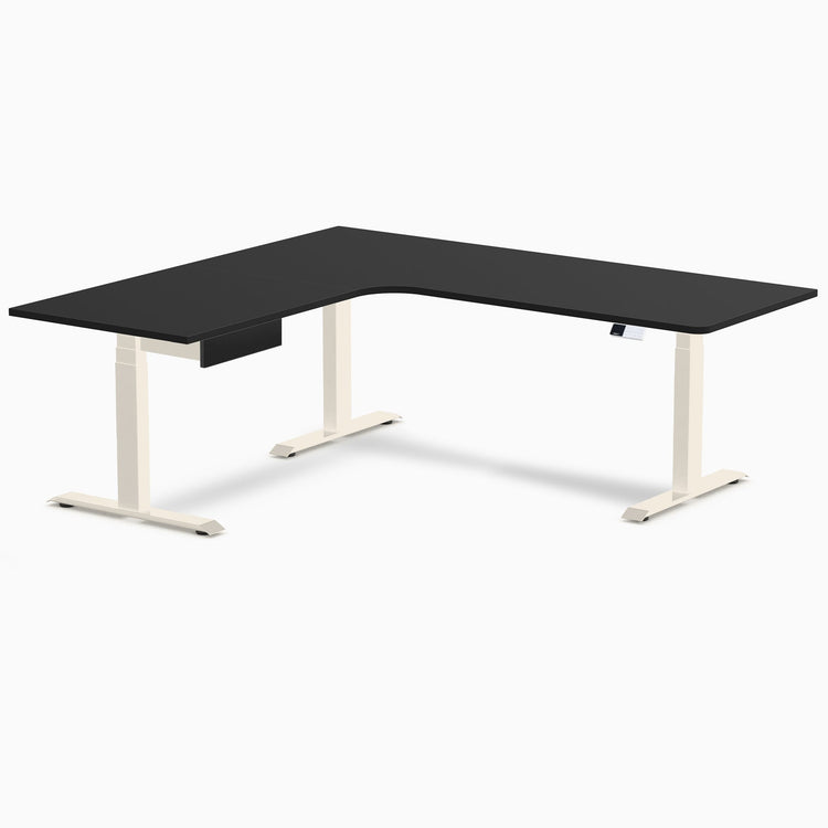 Desky L-Shape Melamine Standing Desk With Drawer, Black desktop, Wheat frame