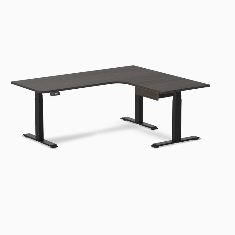 Desky L-Shape Melamine Standing Desk With Drawer, Burnished Wood desktop, Matte Black frame