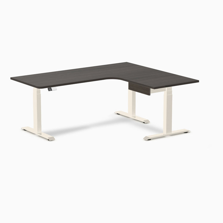 Desky L-Shape Melamine Standing Desk With Drawer, Burnished Wood desktop, Wheat frame