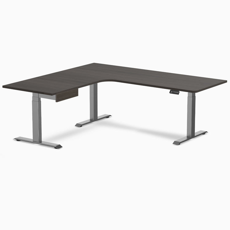 Desky L-Shape Melamine Standing Desk With Drawer, Burnished Wood desktop, Space Grey frame