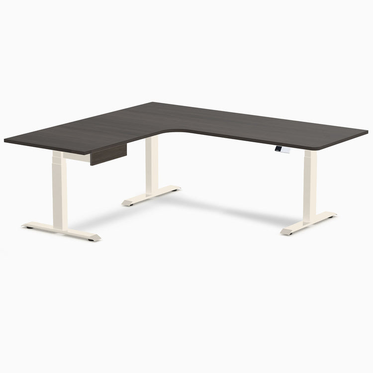 Desky L-Shape Melamine Standing Desk With Drawer, Burnished Wood desktop, Wheat frame