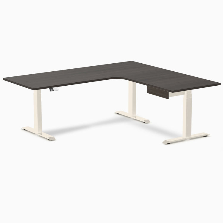 Desky L-Shape Melamine Standing Desk With Drawer, Burnished Wood desktop, Wheat frame