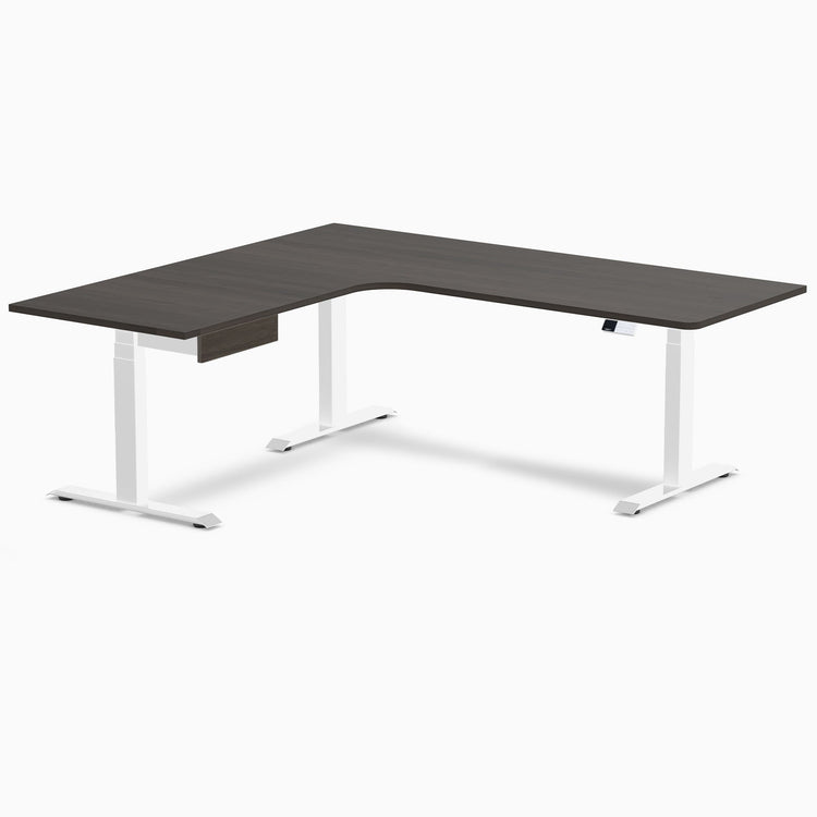 Desky L-Shape Melamine Standing Desk With Drawer, Burnished Wood desktop, White frame