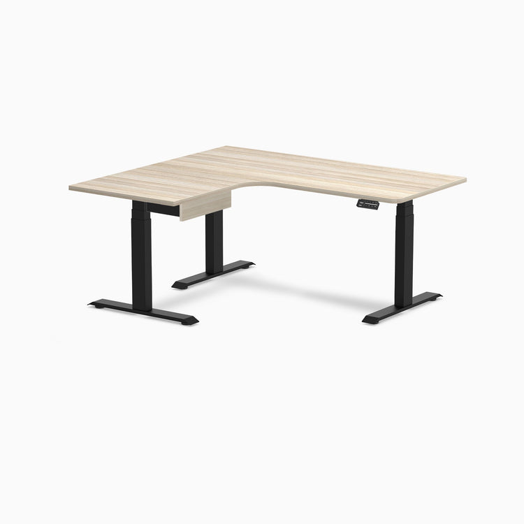 Desky L-Shape Melamine Standing Desk With Drawer, Classic Oak desktop, Matte Black frame