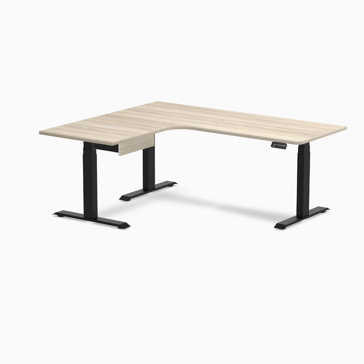 Desky L-Shape Melamine Standing Desk With Drawer, Classic Oak desktop, Matte Black frame
