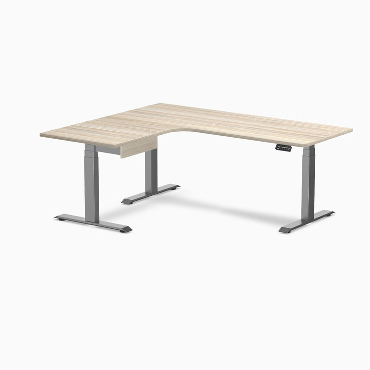 Desky L-Shape Melamine Standing Desk With Drawer, Classic Oak desktop, Space Grey frame