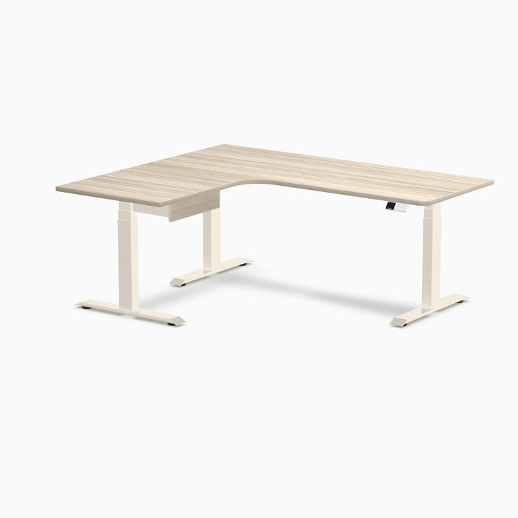 Desky L-Shape Melamine Standing Desk With Drawer, Classic Oak desktop, Wheat frame