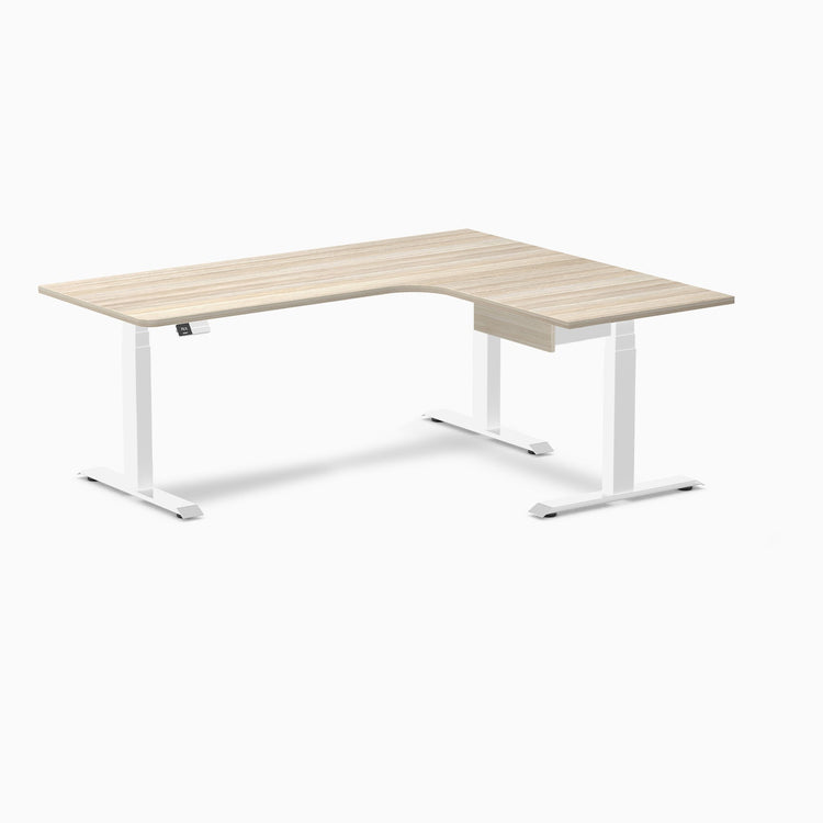 Desky L-Shape Melamine Standing Desk With Drawer, Classic Oak desktop, White frame
