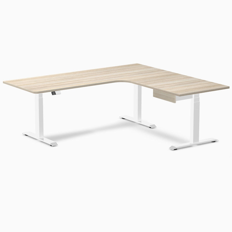 Desky L-Shape Melamine Standing Desk With Drawer, Classic Oak desktop, White frame