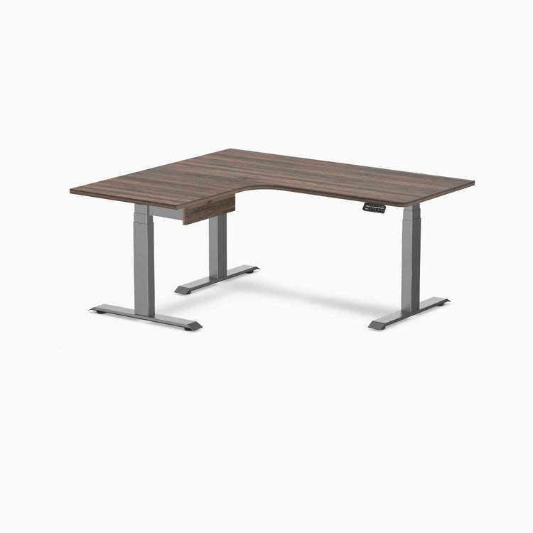 Desky L-Shape Melamine Standing Desk With Drawer, Jarrah Legno desktop, Space Grey frame