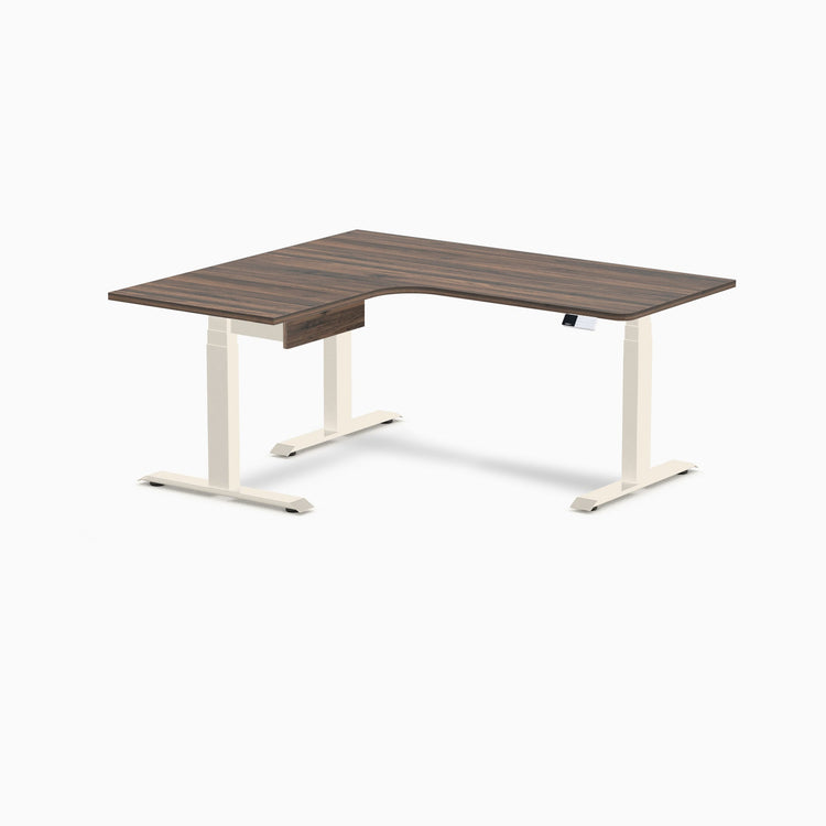 Desky L-Shape Melamine Standing Desk With Drawer, Jarrah Legno desktop, Wheat frame