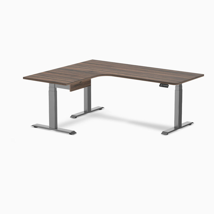 Desky L-Shape Melamine Standing Desk With Drawer, Jarrah Legno desktop, Space Grey frame
