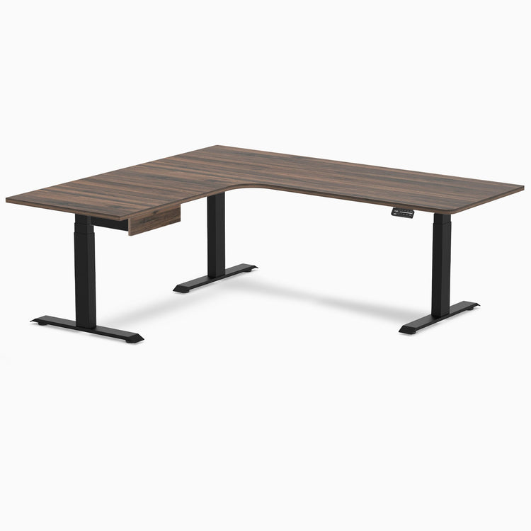 Desky L-Shape Melamine Standing Desk With Drawer, Jarrah Legno desktop, Matte Black frame