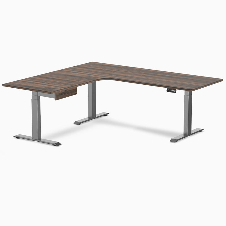 Desky L-Shape Melamine Standing Desk With Drawer, Jarrah Legno desktop, Space Grey frame