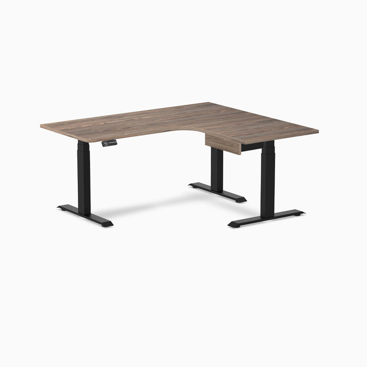 Desky L-Shape Melamine Standing Desk With Drawer, Natural Walnut desktop, Matte Black frame