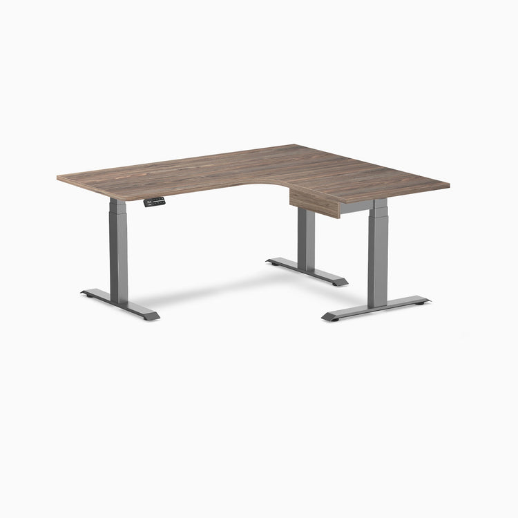 Desky L-Shape Melamine Standing Desk With Drawer, Natural Walnut desktop, Space Grey frame
