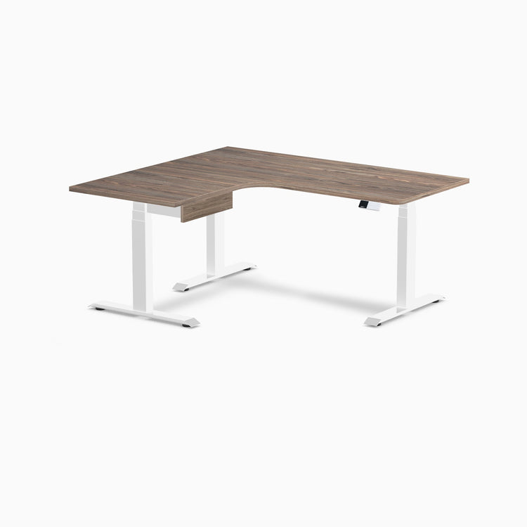 Desky L-Shape Melamine Standing Desk With Drawer, Natural Walnut desktop, White frame