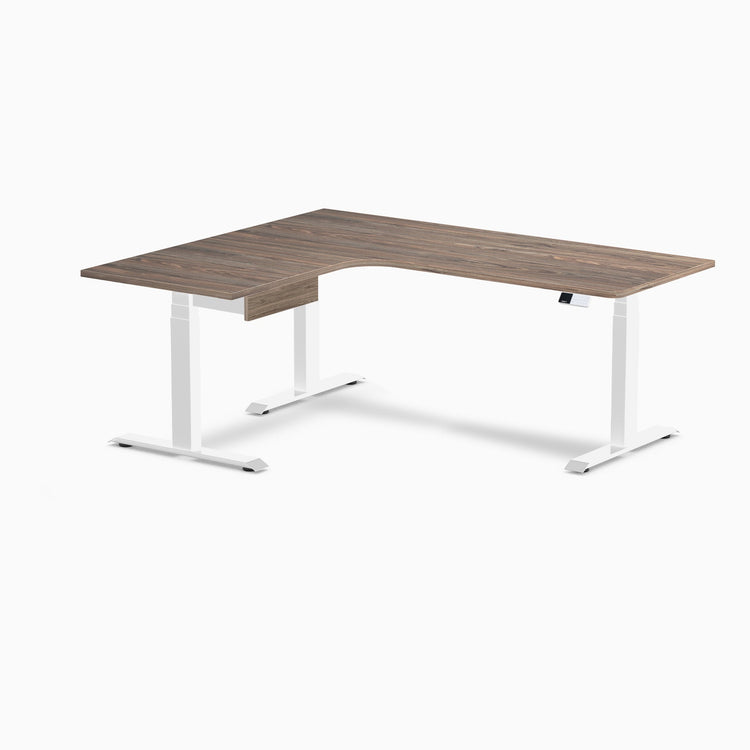 Desky L-Shape Melamine Standing Desk With Drawer, Natural Walnut desktop, White frame
