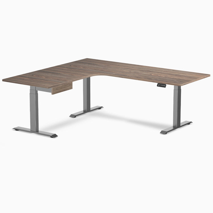 Desky L-Shape Melamine Standing Desk With Drawer, Natural Walnut desktop, Space Grey frame