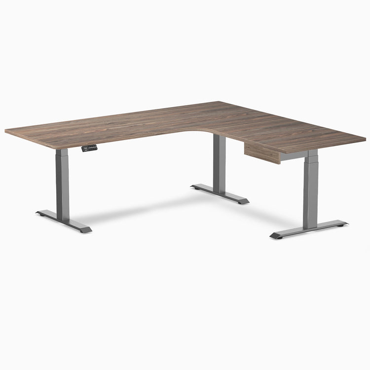 Desky L-Shape Melamine Standing Desk With Drawer, Natural Walnut desktop, Space Grey frame