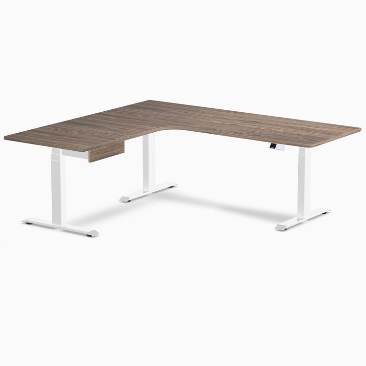 Desky L-Shape Melamine Standing Desk With Drawer, Natural Walnut desktop, White frame