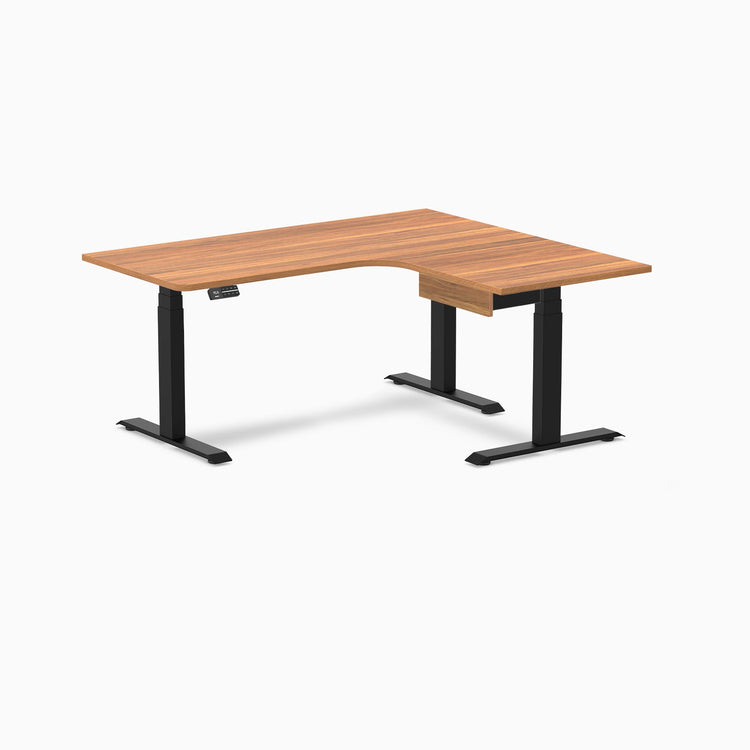 Desky L-Shape Melamine Standing Desk With Drawer, Prime Oak desktop, Matte Black frame