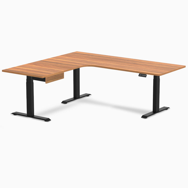 Desky L-Shape Melamine Standing Desk With Drawer, Prime Oak desktop, Matte Black frame