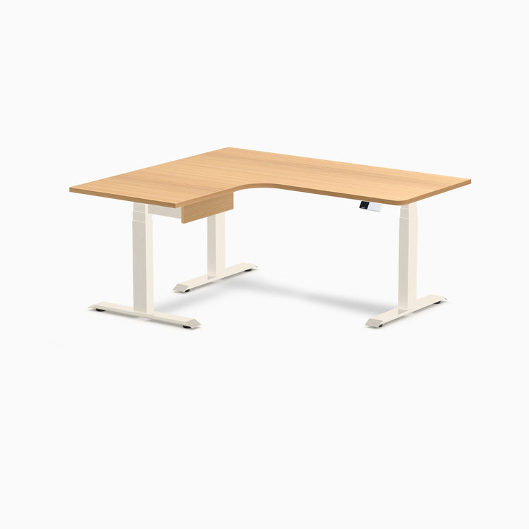 Desky L-Shape Melamine Standing Desk With Drawer, Select Beech desktop, Wheat frame