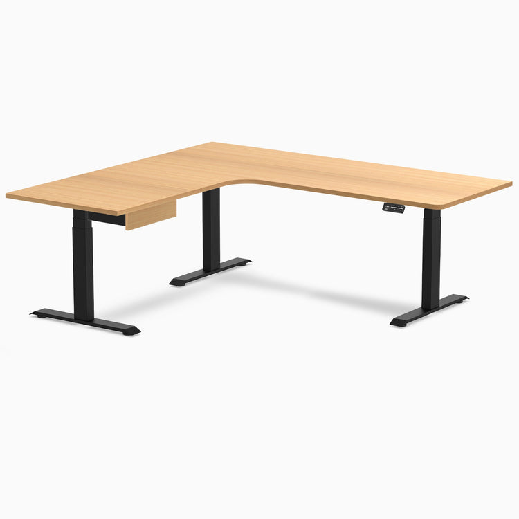 Desky L-Shape Melamine Standing Desk With Drawer, Select Beech desktop, Matte Black frame