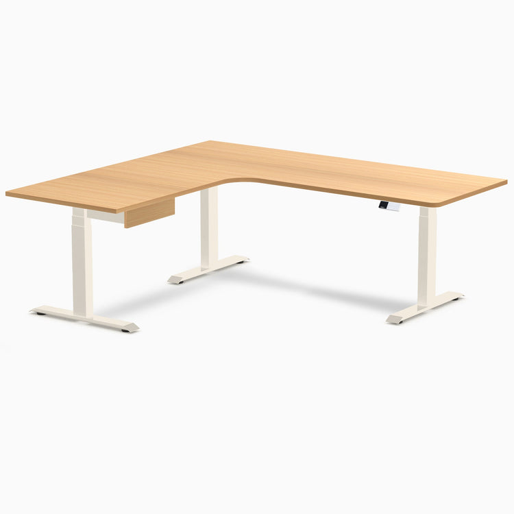 Desky L-Shape Melamine Standing Desk With Drawer, Select Beech desktop, Wheat frame
