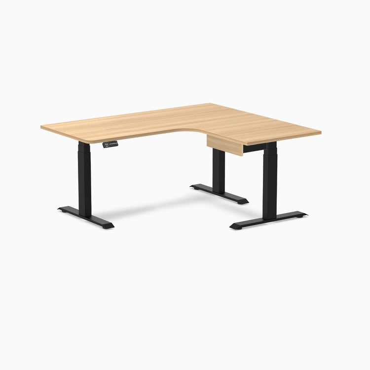 Desky L-Shape Melamine Standing Desk With Drawer, Sublime Teak desktop, Matte Black frame