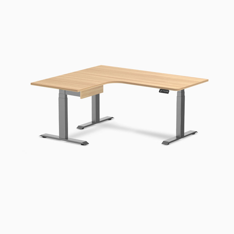 Desky L-Shape Melamine Standing Desk With Drawer, Sublime Teak desktop, Space Grey frame