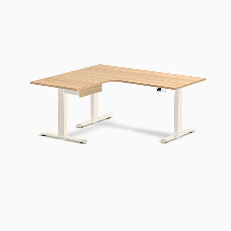 Desky L-Shape Melamine Standing Desk With Drawer, Sublime Teak desktop, Wheat frame