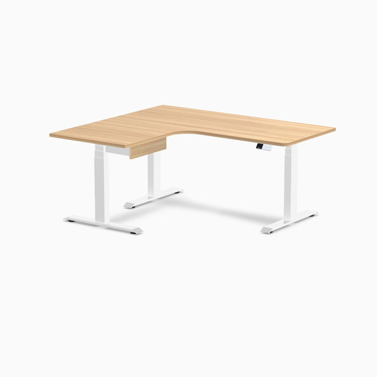 Desky L-Shape Melamine Standing Desk With Drawer, Sublime Teak desktop, White frame