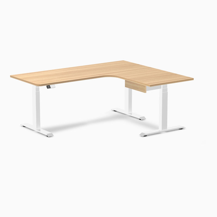 Desky L-Shape Melamine Standing Desk With Drawer, Sublime Teak desktop, White frame