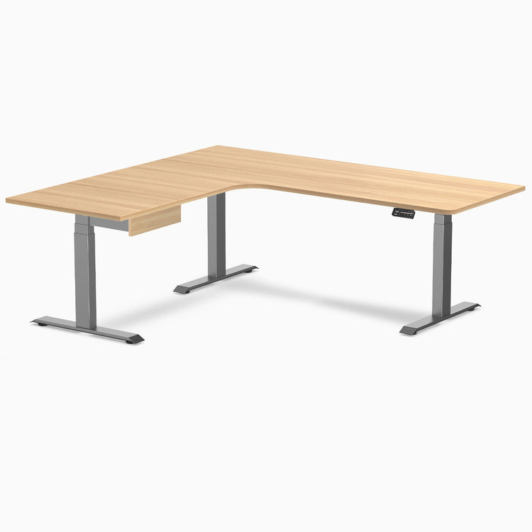 Desky L-Shape Melamine Standing Desk With Drawer, Sublime Teak desktop, Space Grey frame