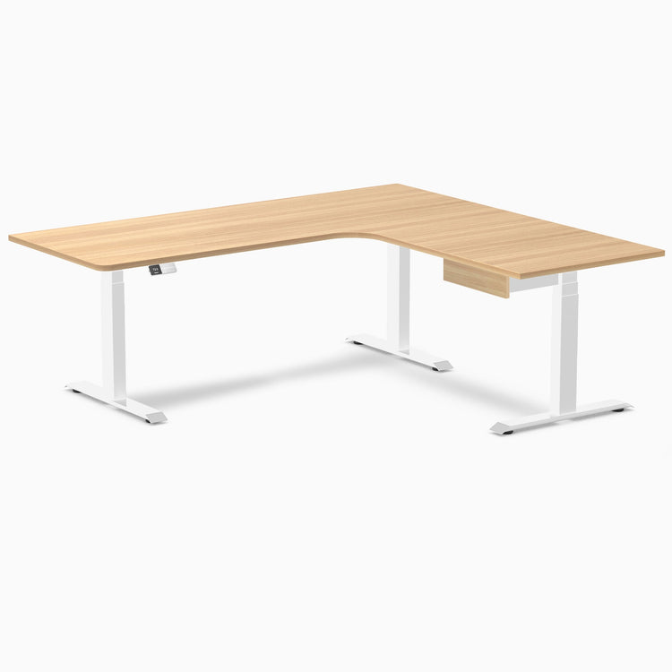 Desky L-Shape Melamine Standing Desk With Drawer, Sublime Teak desktop, White frame