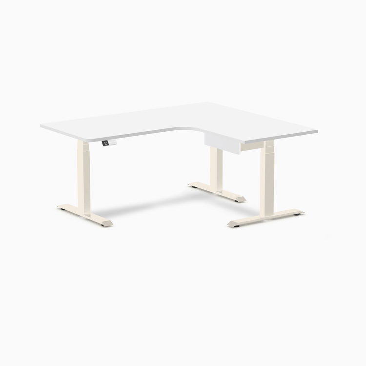 Desky L-Shape Melamine Standing Desk With Drawer, White desktop, Wheat frame