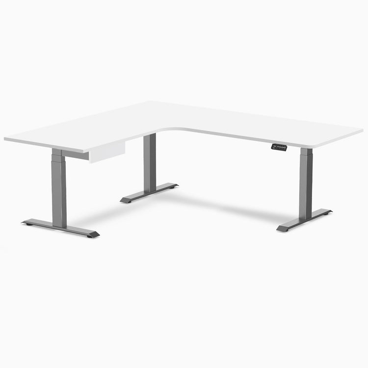 Desky L-Shape Melamine Standing Desk With Drawer, White desktop, Space Grey frame