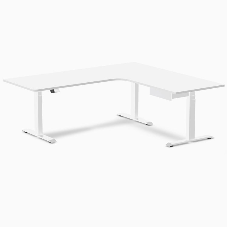 Desky L-Shape Melamine Standing Desk With Drawer, White desktop, White frame