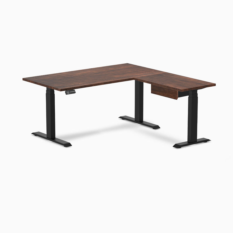 Desky Softwood L-Shape Standing Desk With Drawer, American Rustic Pine desktop, Matte Black frame