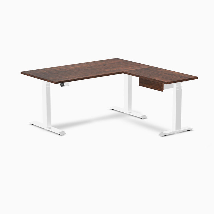 Desky Softwood L-Shape Standing Desk With Drawer, American Rustic Pine desktop, White frame