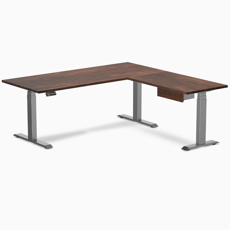 Desky Softwood L-Shape Standing Desk With Drawer, American Rustic Pine desktop, Space Grey frame