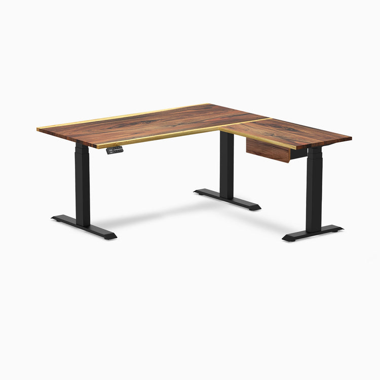 Desky Hardwood L-Shape Standing Desk With Drawer, Saman desktop, Matte Black frame