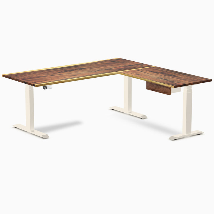 Desky Hardwood L-Shape Standing Desk With Drawer, Saman desktop, Wheat frame