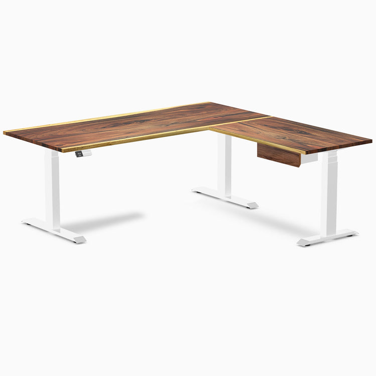 Desky Hardwood L-Shape Standing Desk With Drawer, Saman desktop, White frame