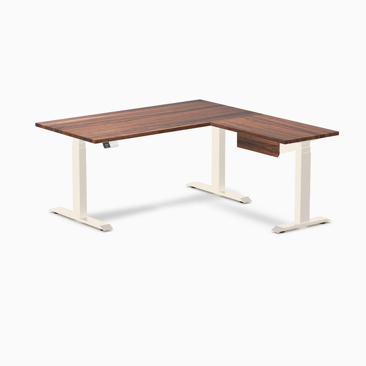 Desky Hardwood L-Shape Standing Desk With Drawer, Walnut desktop, Wheat frame
