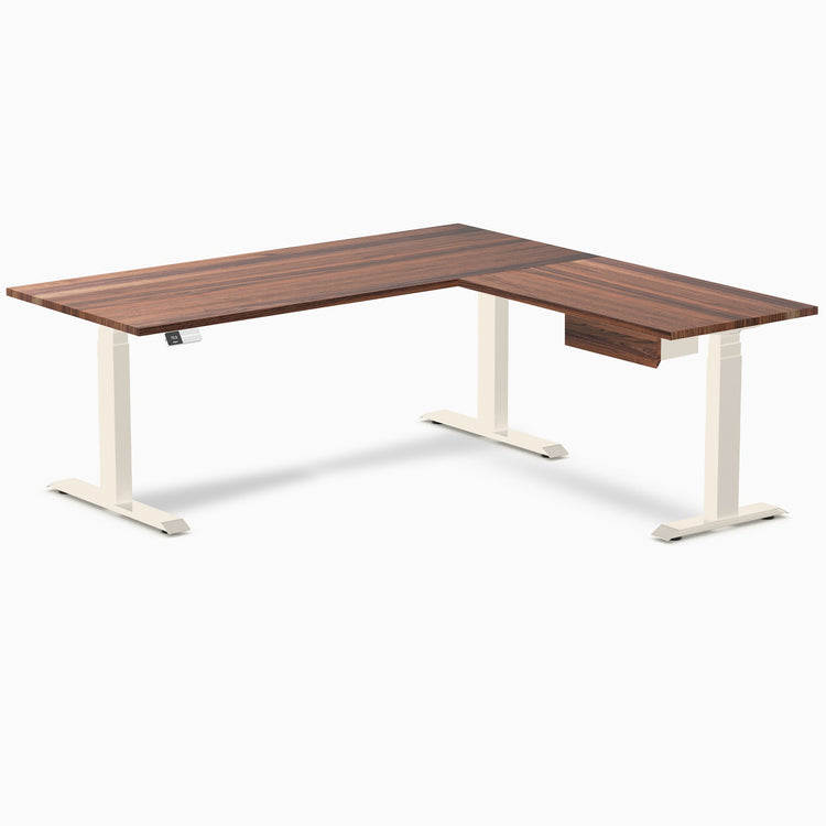 Desky Hardwood L-Shape Standing Desk With Drawer, Walnut desktop, Wheat frame