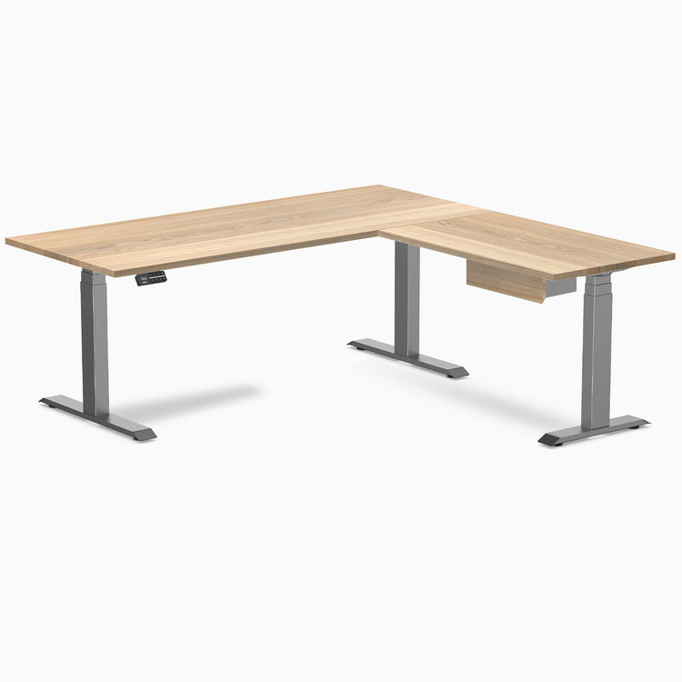 Desky Hardwood L-Shape Standing Desk With Drawer, White Ash desktop, Space Grey frame